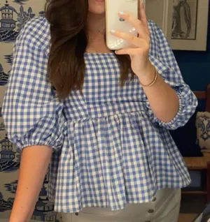 English Factory Blue and White Gingham Top Puff Sleeves thumbnail 1