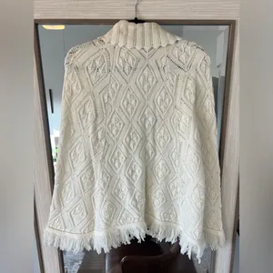 Vintage Wintuk Knit Poncho Button Cape Shawl Sweater with Fringe Trim Off White thumbnail 3