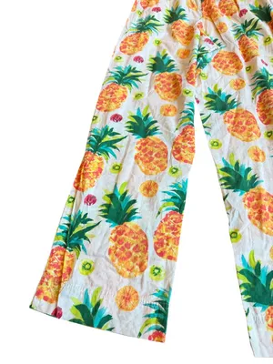 Sleep Sense Ivory Tropical Pineapple Print Pajama Set Shirt Pants Small Women's thumbnail 9