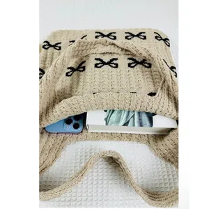 Zenana Coquette Bow Knit Tote Bag Crochet Ribbon Shoulder Bag thumbnail 2