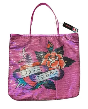 Ed Hardy Sequined Love Eternal metallic hot‎ pink tote bag NEW READ thumbnail 1