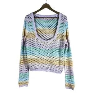 Pink Lily Pastel Striped Crochet Scoop Neck Sweater Multicolor Colorful Size XL thumbnail 2