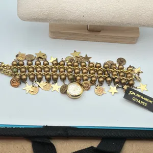Vintage Enmex‎ Quartz Charm Bracelet Watch – Gold Tone Stars & Coins Boho thumbnail 9