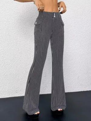🍙 NWOT SHEIN ICON Gray/White Pinstriped Fit & Flare Pants thumbnail 5
