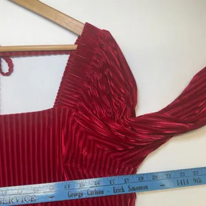 Red Pleated Velvet Mini Dress Square‎ Neck Lantern Sleeve Holiday Boho Party L thumbnail 8