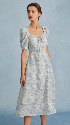 RIHOAS The Blue Sweetheart Neck Puff Sleeve Floral Midi Dress thumbnail 1
