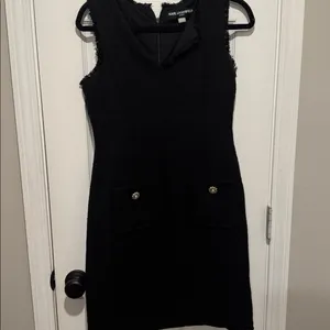 Karl Lagerfeld Paris Black Tweed Sheath Dress Size 6 Fringe Trim Pockets thumbnail 2