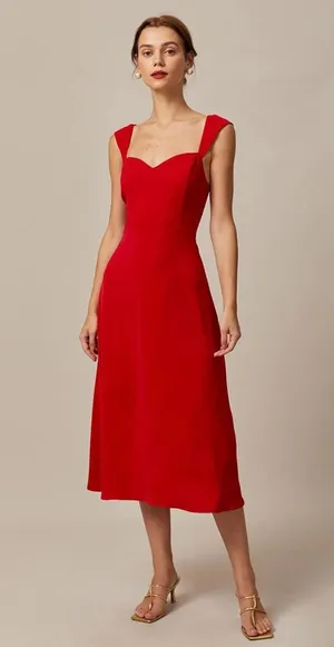 RIHOAS The Red Sweetheart Neck Cap Sleeve Midi Dress L thumbnail 1