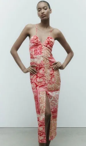 Zara Paisley Slip Midi Dress Front Slit Boho Beachy Coquette Festival Summer Size S thumbnail 1