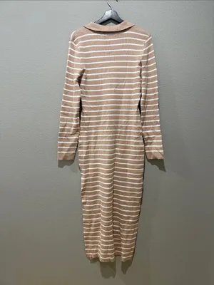 Mirol Tan Stripe Ribbed Collar V Neck Long Sleeve Fitted Midi Dress Size XL thumbnail 4