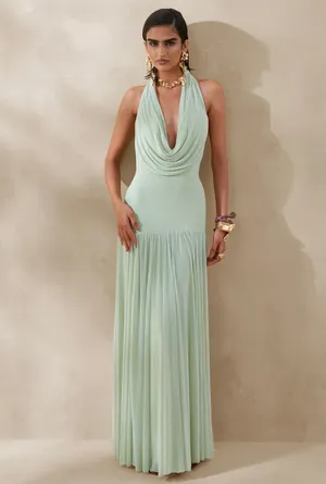 Verity | Green Cowl-Neck Maxi Dress With Sheer-skirt thumbnail 3