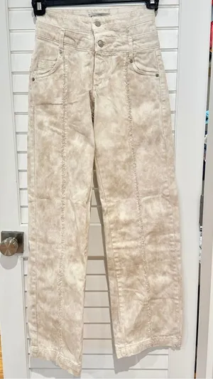Zara High Rise Double Waist Beige Jeans Sz 0 Straight Leg Animal Print Splotchy thumbnail 1