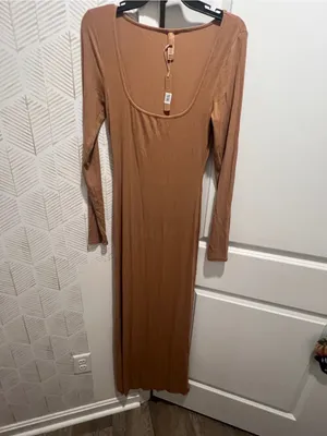 NWT SKIMS Soft Lounge Scoop Neck Maxi Dress - Camel thumbnail 15