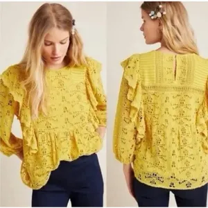 Anthropologie Mustard Yellow Eyelet Lace Ruffle Peplum‎ Blouse Top 6 Whimsical thumbnail 2