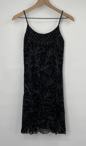 Vintage 90s Pure Silk Beaded Floral Mini Dress Flowy Cocktail Black Womens XS thumbnail 3