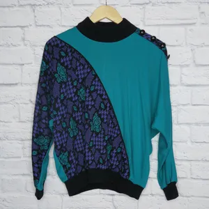 Vintage 80s Purple & Teal Houndstooth Rose Sweater thumbnail 4