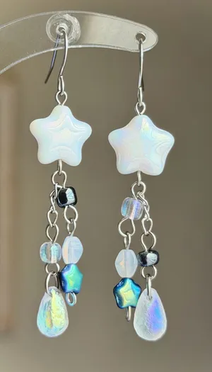 Handmade Czech glass beads fairy cottage whimsical dangle earrings🌟🩵 thumbnail 1