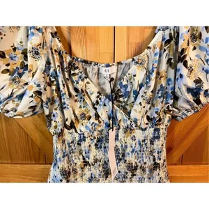 NSR Puff Sleeve Smocked Mini Dress Satin Short Ivory Blue Floral Size Small nwt thumbnail 4