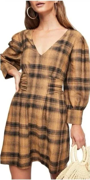 Free People English Rose Plaid Mini Dress Linen Blend Size 2 thumbnail 1