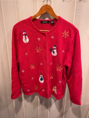 Cute cherry red holiday winter snowman 90s cotton blend cardigan sweater thumbnail 2