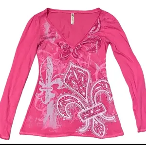 Y2K Anchor Blue Sequin Fleur de lis Long Sleeve Top Pink Small Fairy Grunge Punk thumbnail 8