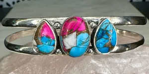 Cotton Candy Turquoise Sterling Silver Multi Stone 3 Stone Cuff Bracelet 925 thumbnail 1