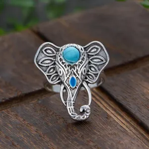 Bohemian Elephant Ring with Turquoise Accent Silver Plated‎ Adjustable Open Band thumbnail 2