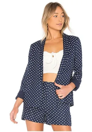 L’ACADEMIE Polka‎ Dot Linen Blazer Medium Navy Blue White Boyfriend Open Front thumbnail 1