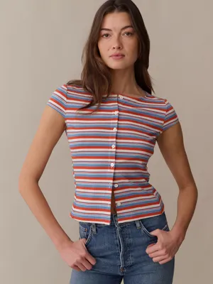 NWT Few Moda Prescott Top size Small S Red Blue White Stripe button down Caara thumbnail 1