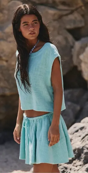 Free People Bohemian Beachy Skye Mini Skirt & Top Set Aqua Blue XS NWT thumbnail 1