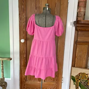 Luukse Bright Pink Tiered Babydoll Dress Puff Sleeve Cottagecore XL💛 thumbnail 4