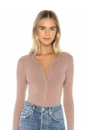 Privacy Please Bodysuit Tan Ribbed Long Sleeve Snap Front Top thumbnail 1
