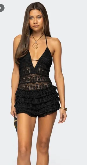 Edikted Lanney Ruffled Sheer Lace Romper thumbnail 1