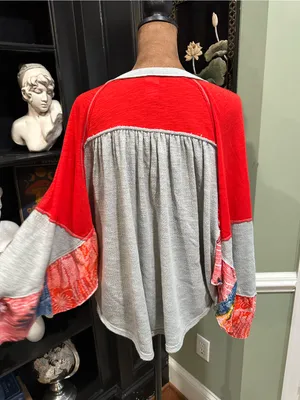 Free People We The Free “Friday Fever” Thermal Top in Red + Grey with Patterned thumbnail 6