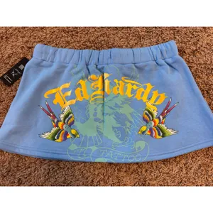 Ed Hardy Blue Tattoo Graphic Sweat Mini Skirt Y2K Drawstring thumbnail 8