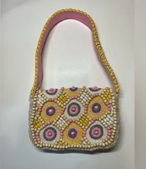 Handcrafted in India Colorful Pink Pastel Wooden Beaded Shoulder Bag Purse thumbnail 8