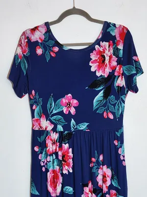 Viishow Blue and Pink Short Sleeve Floral Maxi Dress Size Large thumbnail 4