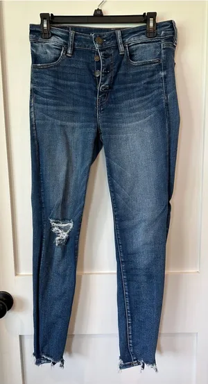American Eagle Outfitters Dark Blue Raw-Hem button fly Skinny Jeans thumbnail 1