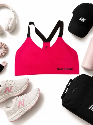 New Balance Seamless Racerback Sports Bra Pink Medium Yoga Gym Logo Flaw Top GUC thumbnail 10