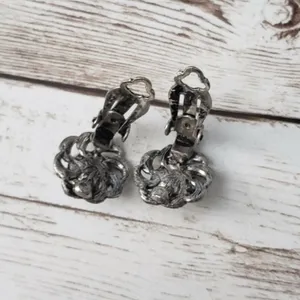 Vintage Clip On Earrings Large Clear Gem with Ornate Dark Silver Tone Halo thumbnail 4