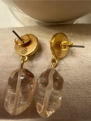 Tory Burch Classy Gold Logo Drop Earrings with Clear Resin Pendants Authentic! thumbnail 4