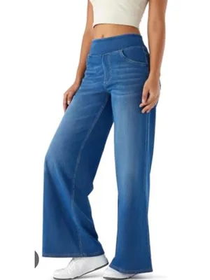 Halara M Wide Leg Denim Pants Elastic Waistband Blue Wash Womens M Comfortable S thumbnail 3