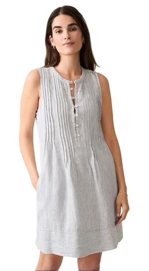 Faherty Isha Linen Dress Small Blue Stripe Pintuck Coastal Summer $178‎ thumbnail 1