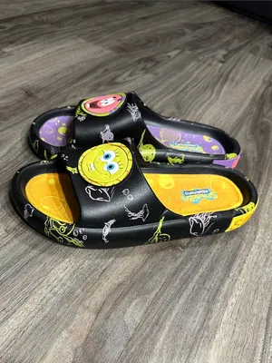 Ground up SpongeBob & Patrick Black Slide Sandals - Fun Yellow & Purple Insole. thumbnail 3