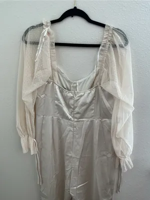 Lulu's Cream Satin Jumpsuit with Sheer Puff Sleeves thumbnail 7