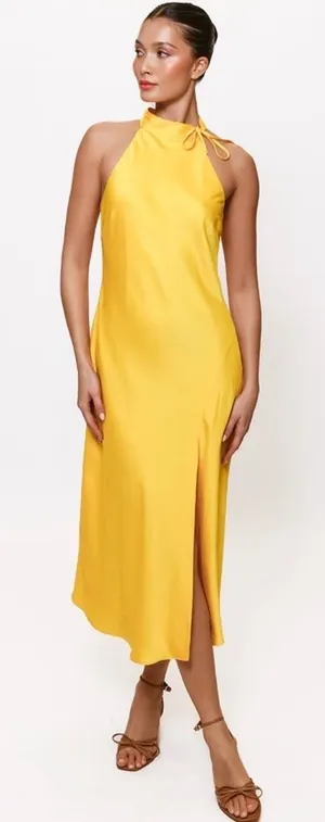 New! Hutch Mari Halter Midi Dress Yellow Daffodil Satin Sz Small‎ thumbnail 1