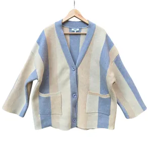 OAT New York Striped Knit Cardigan Sweater Pockets Cream Gray Women's‎ Large thumbnail 2