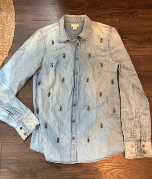 J. Crew Light Blue Embellished Denim Shirt Jacket thumbnail 1