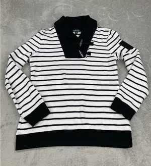 Vtg Lauren Ralph Lauren Polo Sweater Womens Small Black White Striped Toggle thumbnail 1