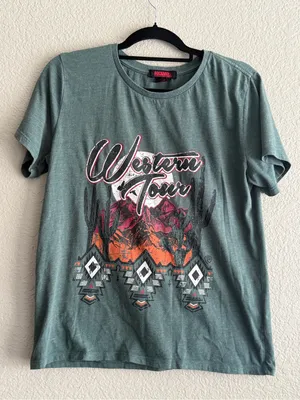 Rock & Roll Denim Western Tour Graphic Tee Teal Aztec Cowgirl M thumbnail 5